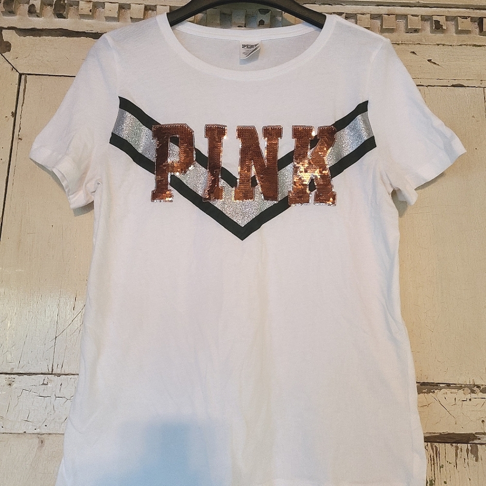 PINK Bling Tee Shirt Rose Gold Sequins L